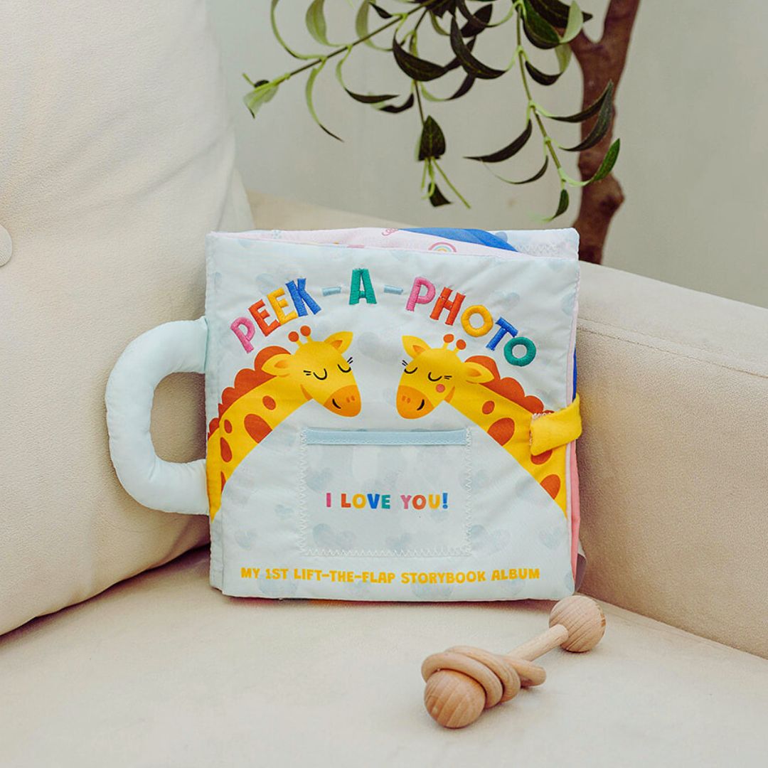 Peek-A-Photo interactive baby book with colorful giraffes and lift-the-flap design for infants