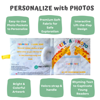 Peek-A-Photo interactive soft fabric book for babies with photo pockets and lift-the-flap design featuring colorful giraffe artwork