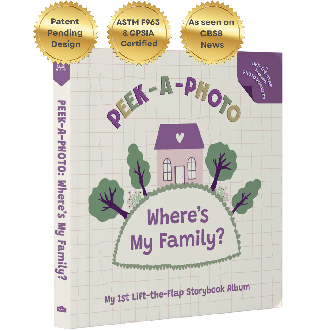 Peek a photo interactive book Where's My Family purple and green for toddlers with lift-the-flap storybook design