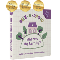 Peek a photo interactive book Where's My Family purple and green for toddlers with lift-the-flap storybook design