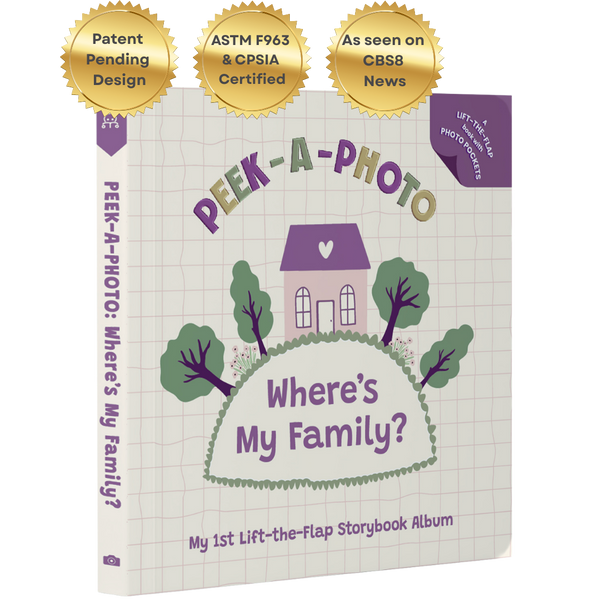 Peek a photo interactive book Where's My Family purple and green for toddlers with lift-the-flap storybook design