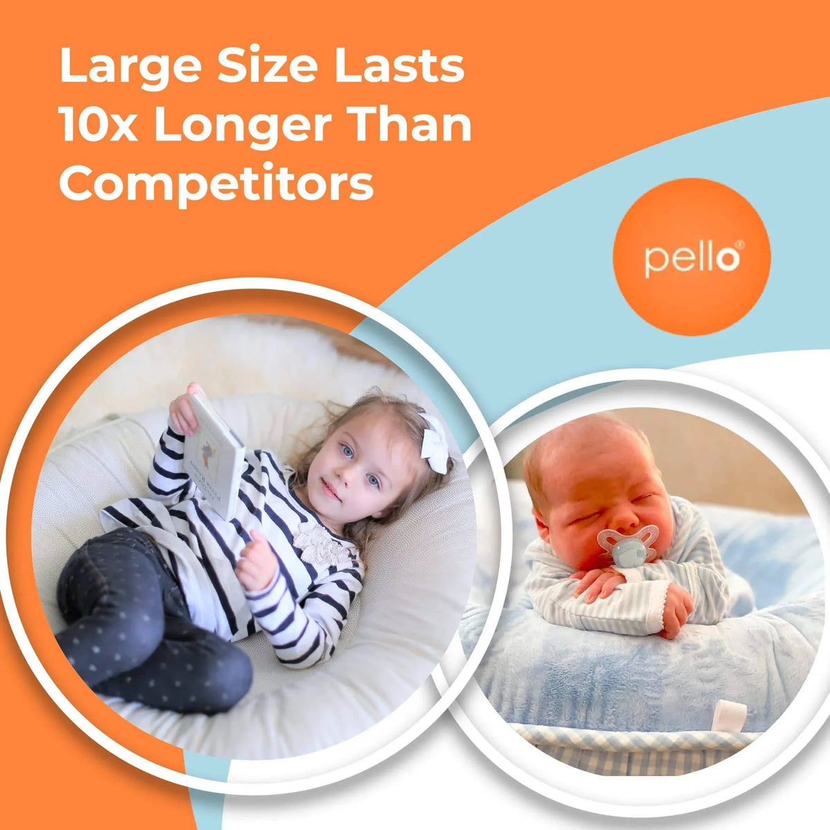 White large toddler floor cushion with a young girl lying on it and a baby resting on a blue blanket