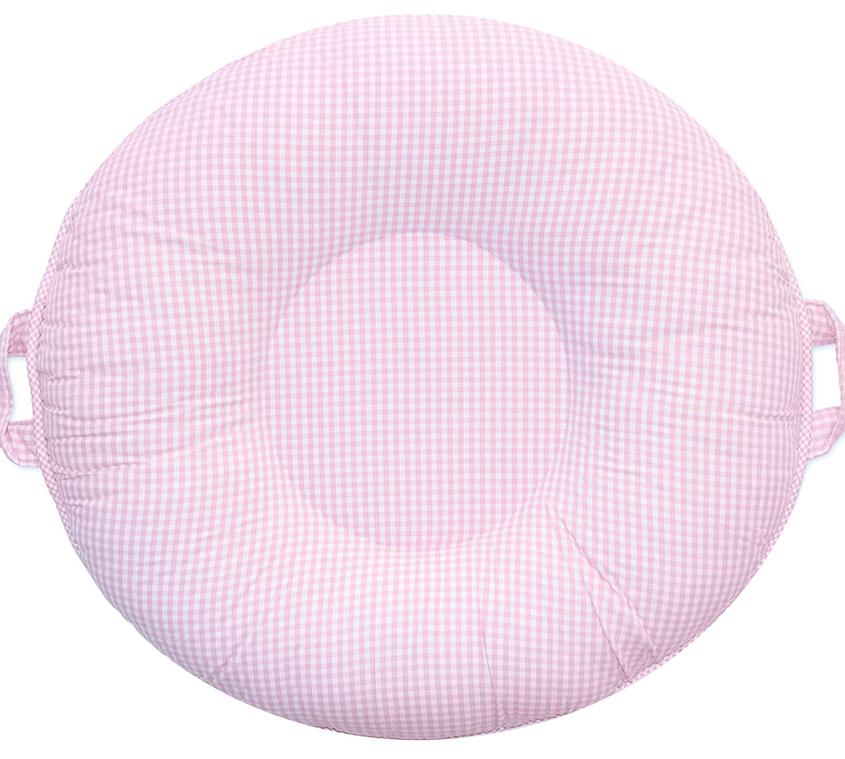 Sadie Light Pink Toddler Floor Cushion, round checkered fabric with side handles.