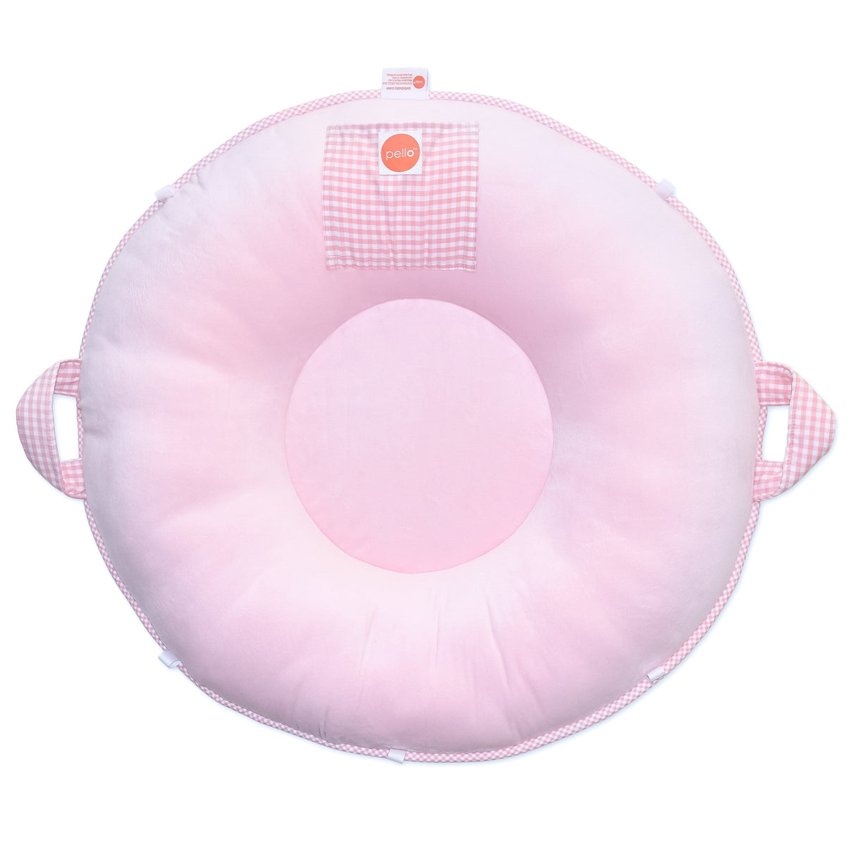 Sadie Light Pink Toddler Floor Cushion with gingham border and handles, round cushion for toddler play.