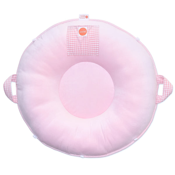 Sadie Light Pink Toddler Floor Cushion with gingham border and handles, round cushion for toddler play.