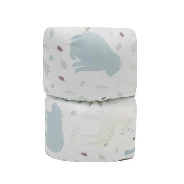Goosewaddle nursing pillow in white with blue and gray animal prints for newborns and infants
