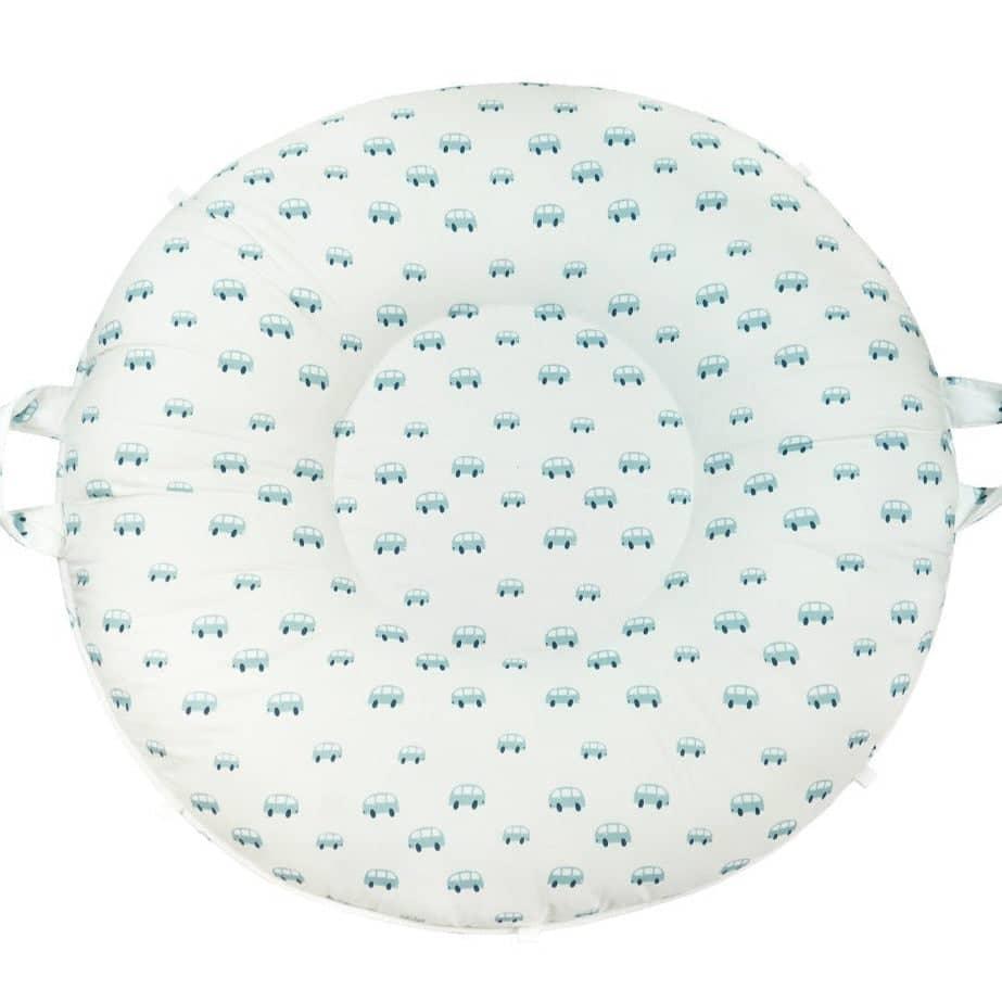 Goosewaddle white cotton toddler floor cushion with blue car pattern and side handles