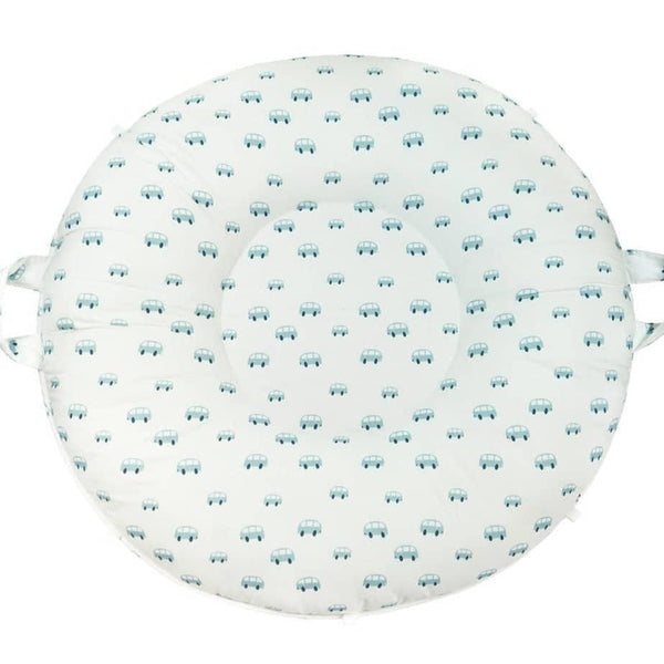 Goosewaddle white cotton toddler floor cushion with blue car pattern and side handles
