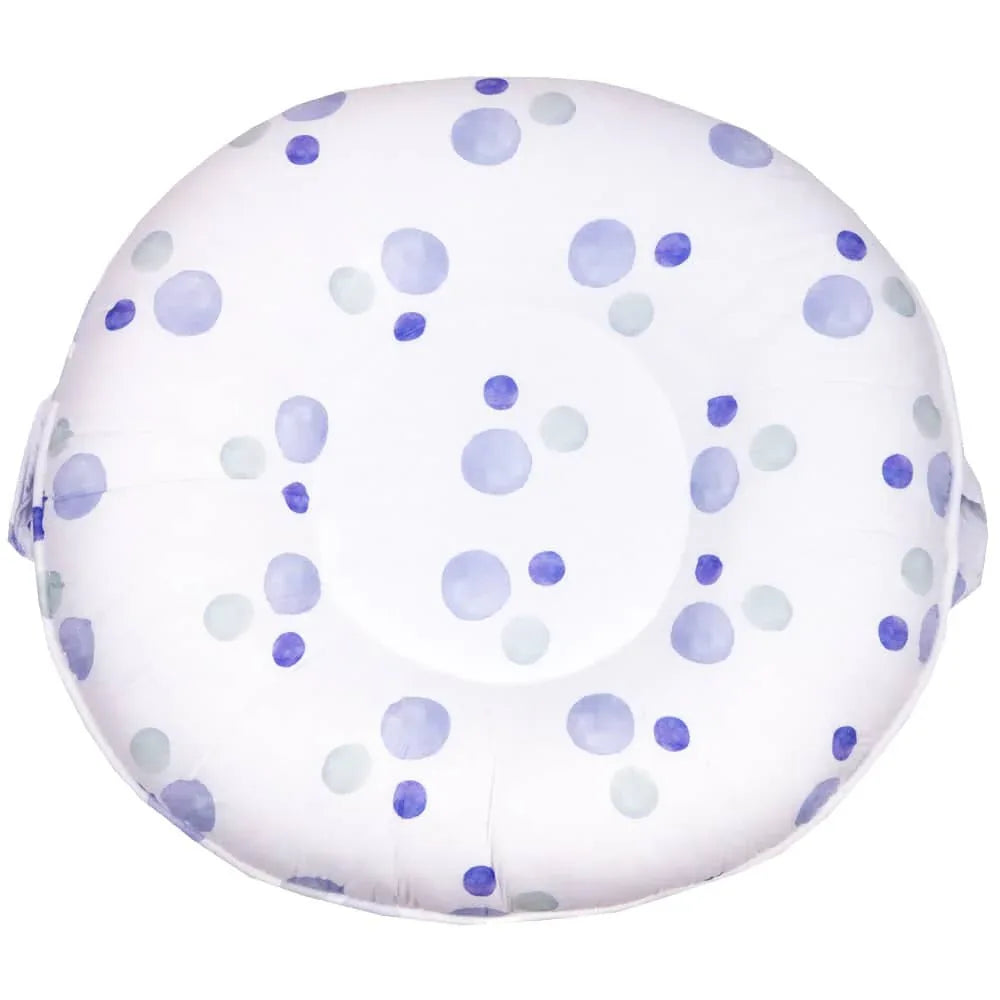 White and purple polka dot toddler floor cushion made of soft fabric for comfortable seating
