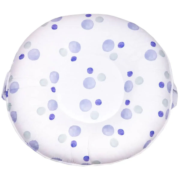 White and purple polka dot toddler floor cushion made of soft fabric for comfortable seating