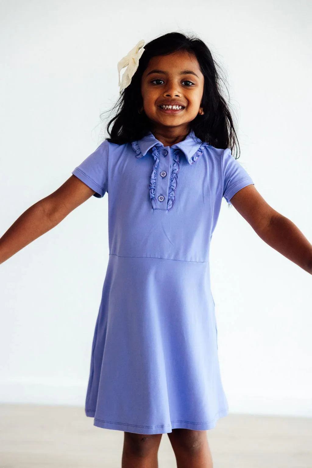 Girls periwinkle polo dress for girls short sleeve with ruffle detail by Mila & Rose