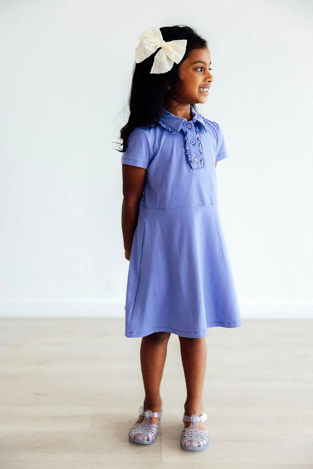 Girls periwinkle polo dress for girls with short sleeves and embroidered collar by Mila & Rose