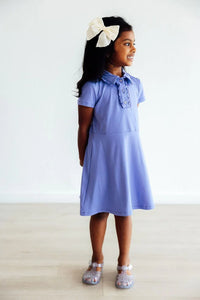 Girls periwinkle polo dress for girls with short sleeves and embroidered collar by Mila & Rose