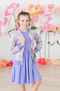 Periwinkle twirl dress for girls in size 7 with floral bomber jacket and pink bow