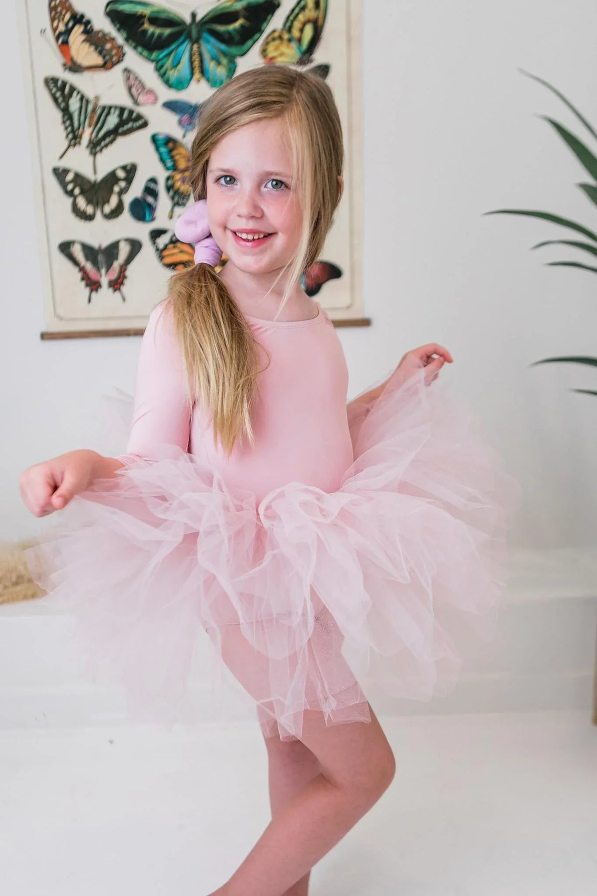 Girls pink ballet leotard for girls with 3/4 sleeves and fluffy tutu skirt by Mila & Rose