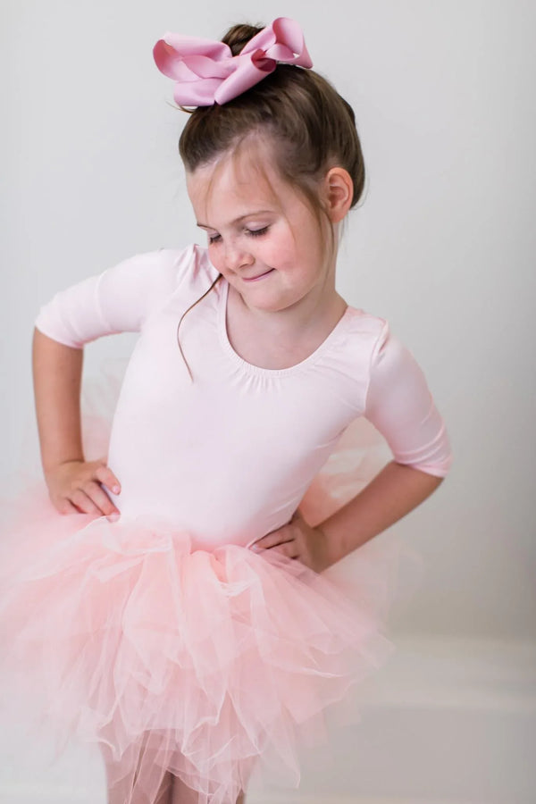 Pink ballet leotard for girls by Mila & Rose with 3/4 sleeves and tutu skirt for young dancers