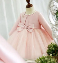 Pink baptism dress for girls, long sleeve with pearl neckline and large bow detail