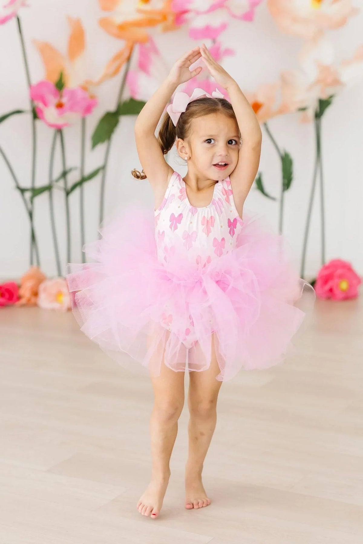 Girls pink bow print tutu leotard for girls with fluffy tulle skirt, sleeveless, size toddler