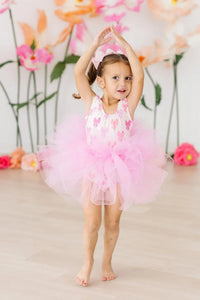 Girls pink bow print tutu leotard for girls with fluffy tulle skirt, sleeveless, size toddler