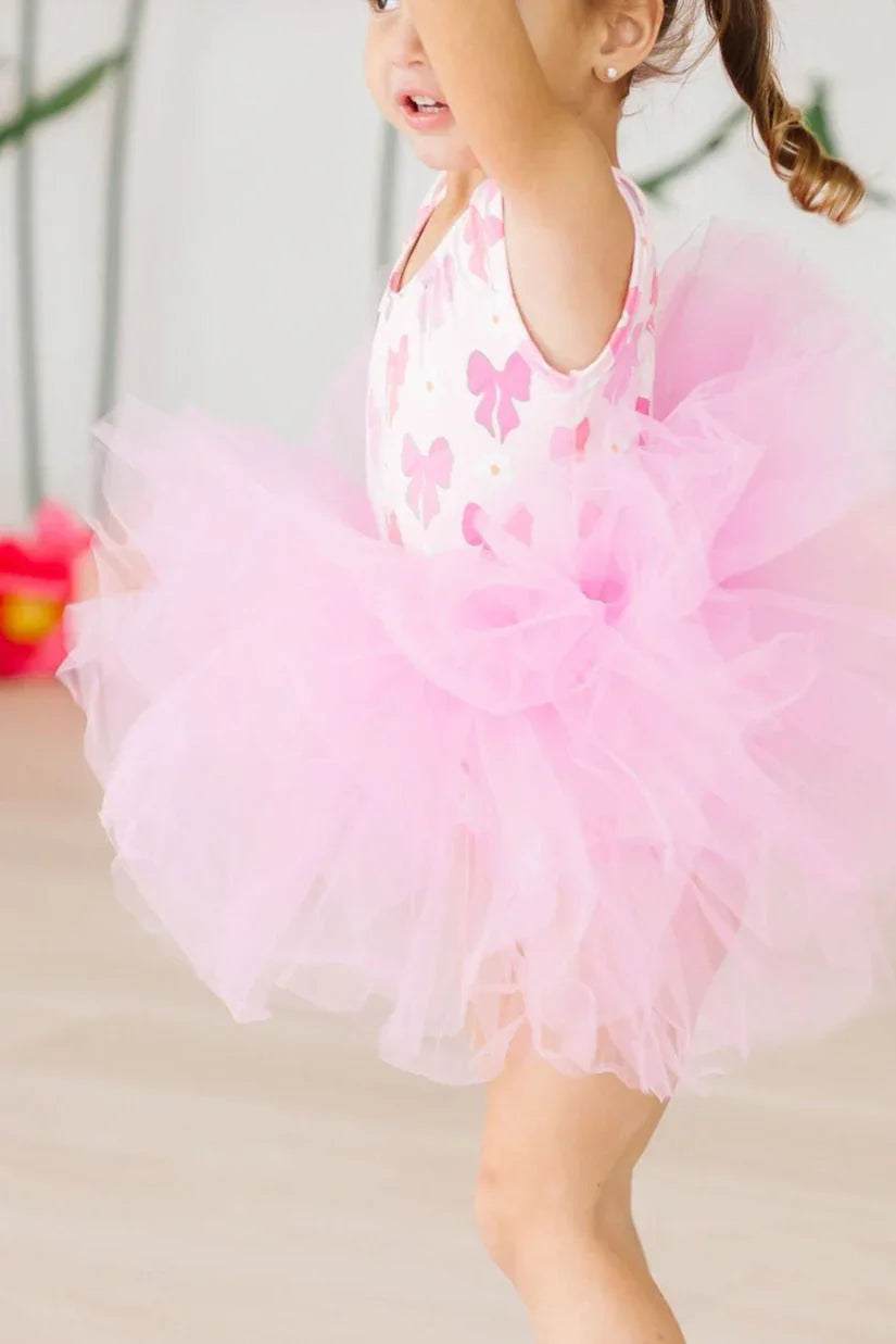 Mila & Rose girls pink bow print tutu leotard for girls with layered tulle skirt