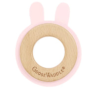Pink bunny baby teether with natural wood center and soft pink silicone ears