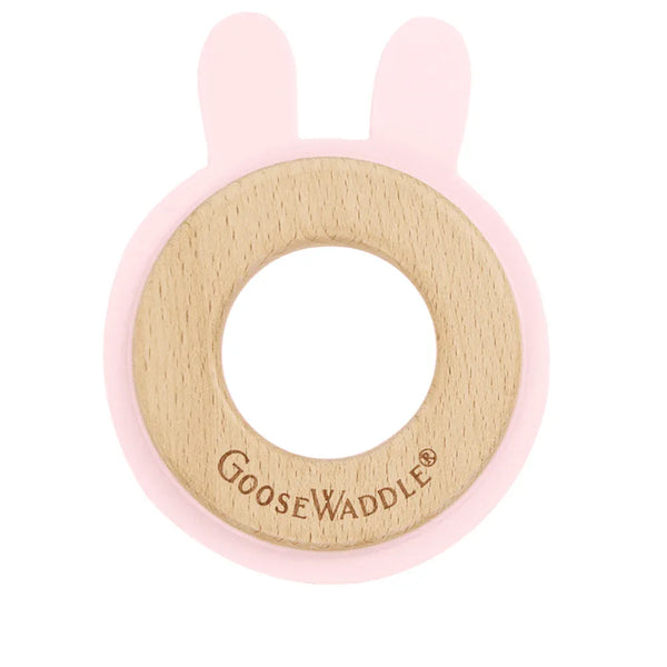 Pink bunny baby teether with natural wood center and soft pink silicone ears