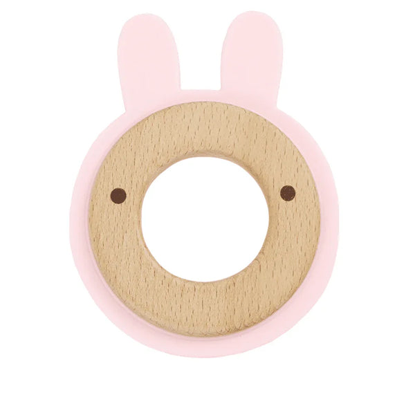 Pink bunny baby teether with wooden center and soft pink silicone edges