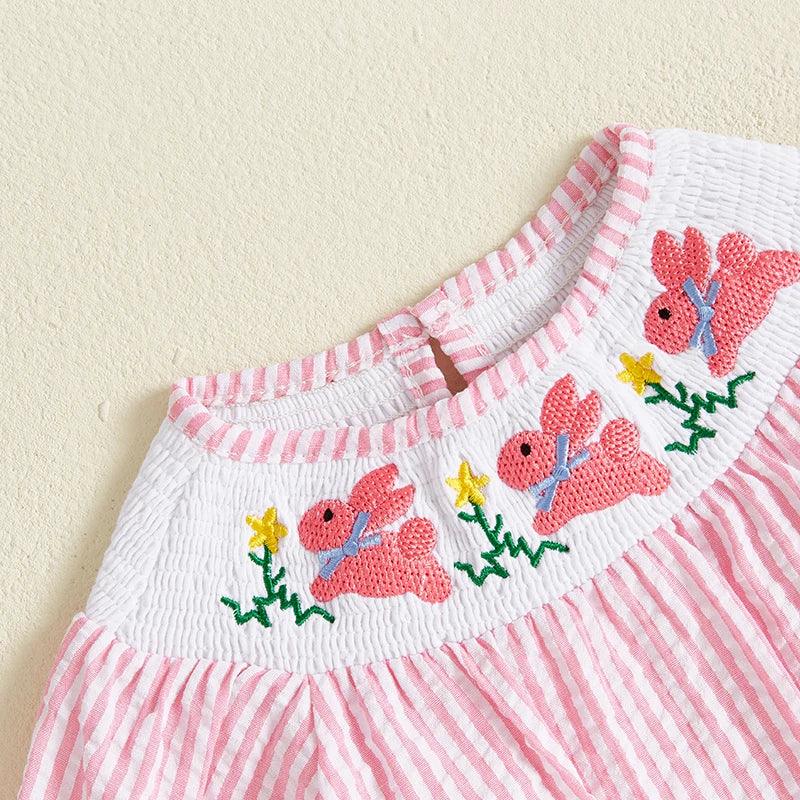 baby pink and white striped romper with embroidered pink bunnies and yellow flowers for infants