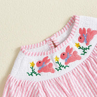 baby pink and white striped romper with embroidered pink bunnies and yellow flowers for infants