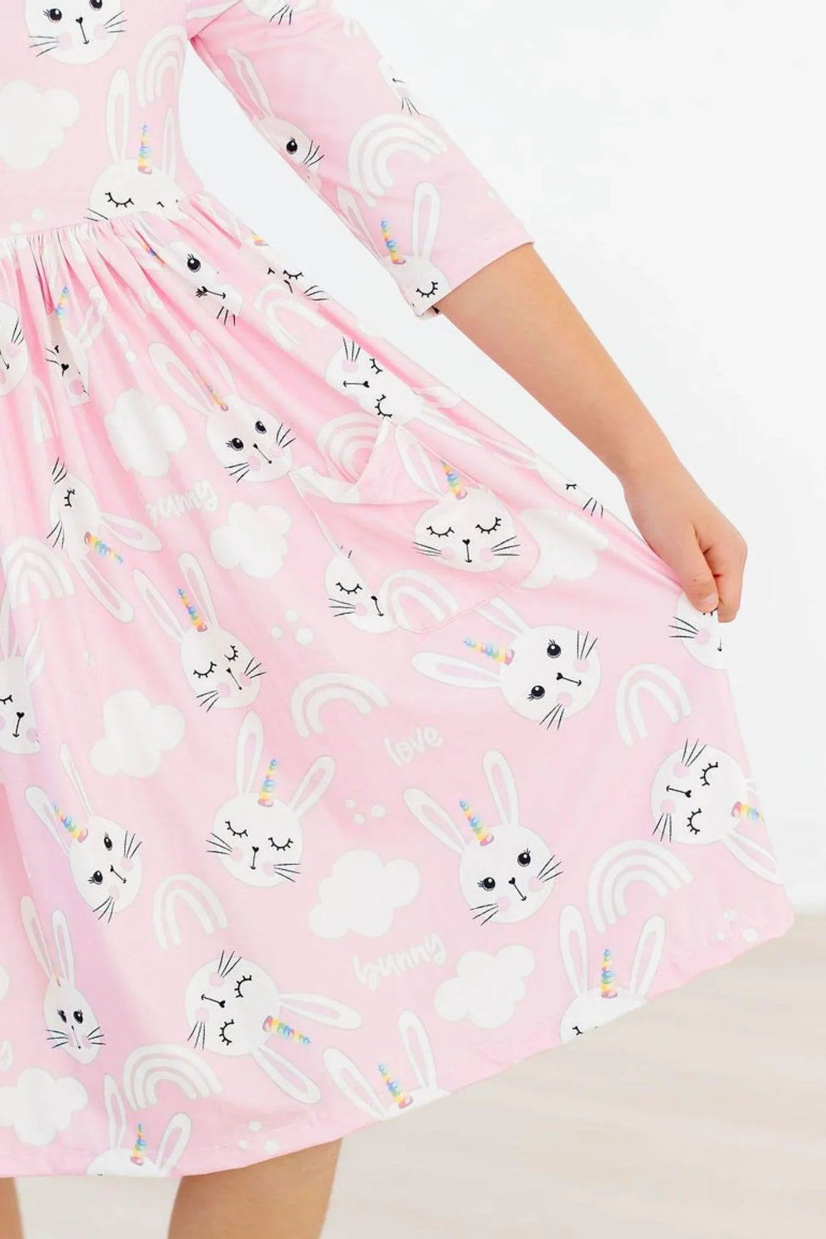 Pink bunny girls twirl dress with 3/4 sleeves for toddlers by Mila & Rose