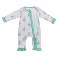 Pink Christmas baby romper made of soft cotton with green Christmas tree pattern and green trim