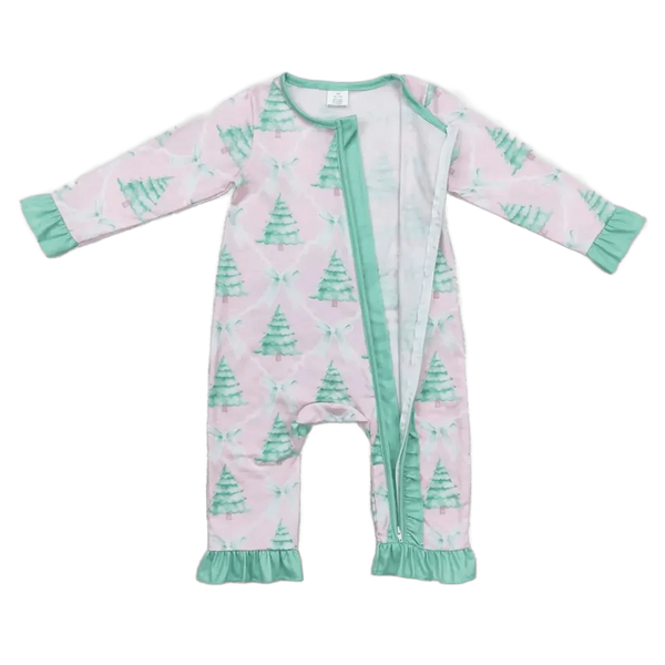Pink Christmas baby romper made of soft cotton with green Christmas tree pattern and green trim