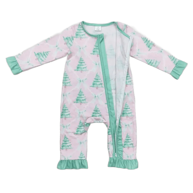 Pink Christmas baby romper made of soft cotton with green Christmas tree pattern and green trim
