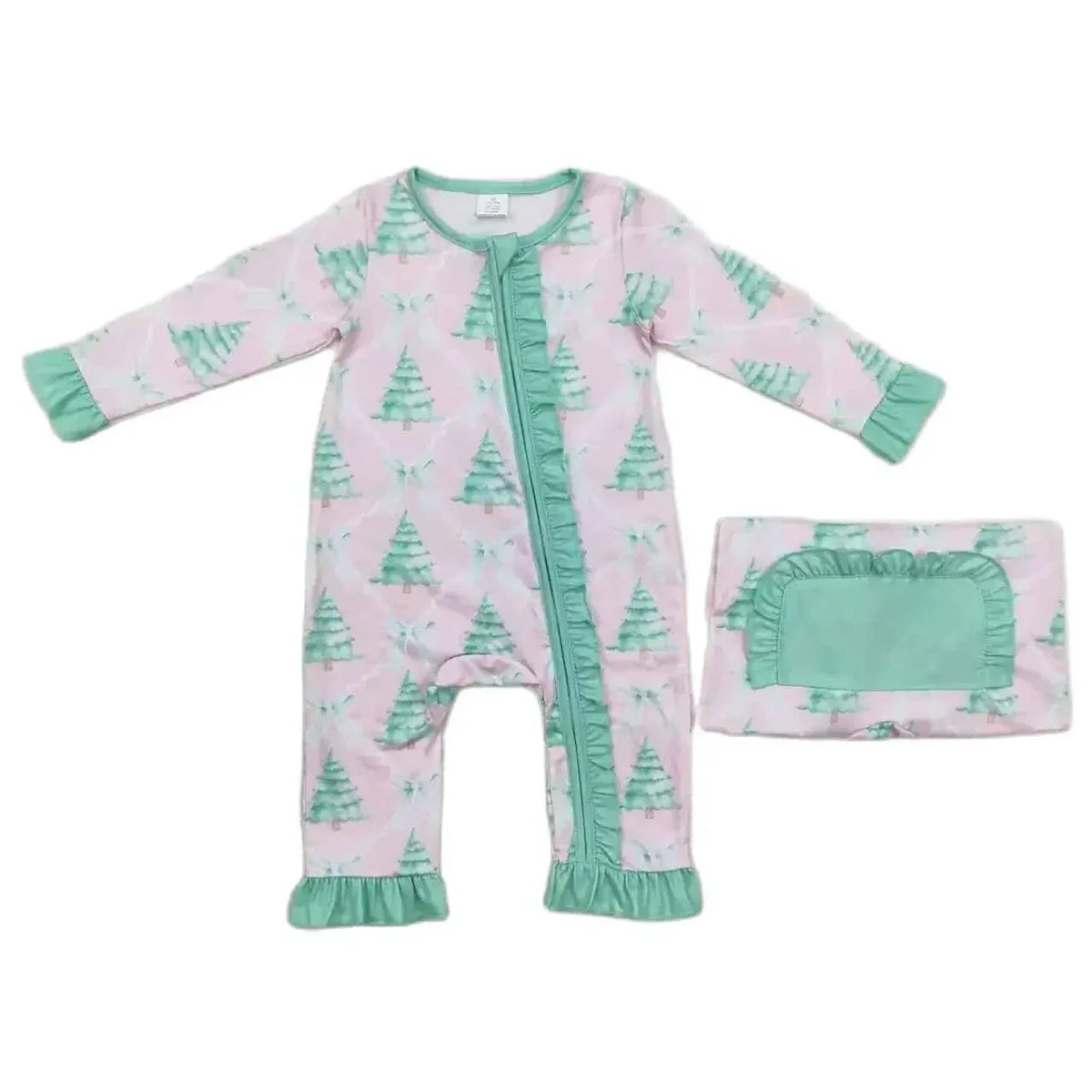 Pink Christmas baby romper made of soft fabric with green Christmas tree print and ruffled trim