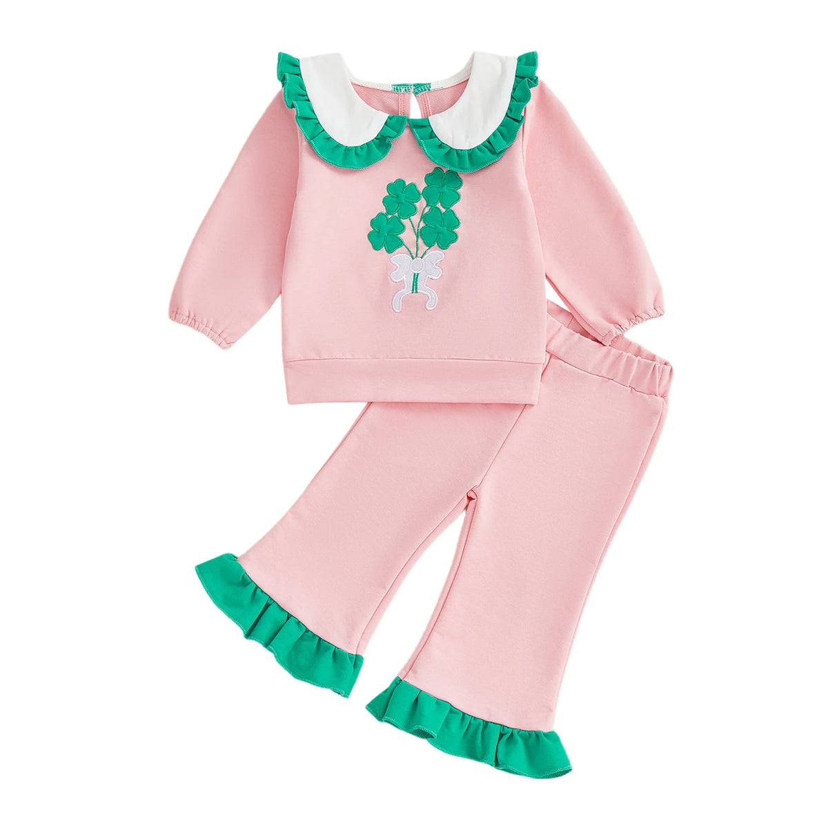 Pink clover baby girl pants set in soft cotton with green ruffled collar and pant cuffs
