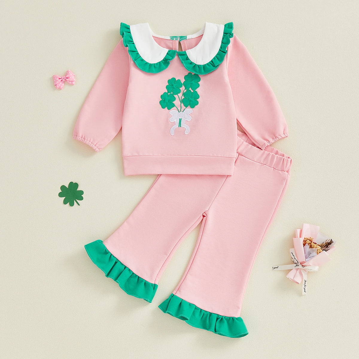 Pink clover baby girl pants set in soft cotton with green ruffle collar and pant hems