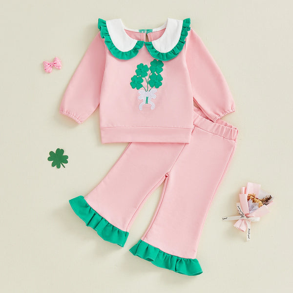 Pink clover baby girl pants set in soft cotton with green ruffle collar and pant hems