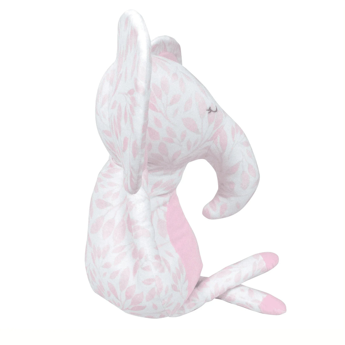 Goosewaddle pink elephant plush toy for infants with soft printed leaf pattern in pastel pink and white