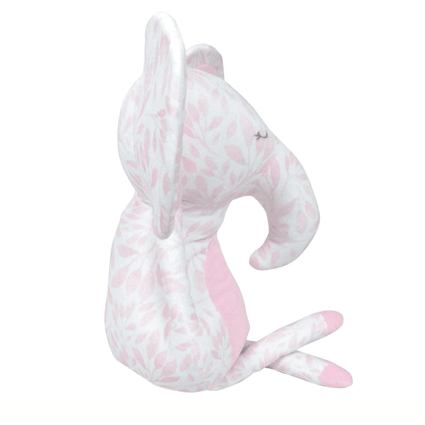 Goosewaddle pink elephant plush toy for infants with soft printed leaf pattern in pastel pink and white