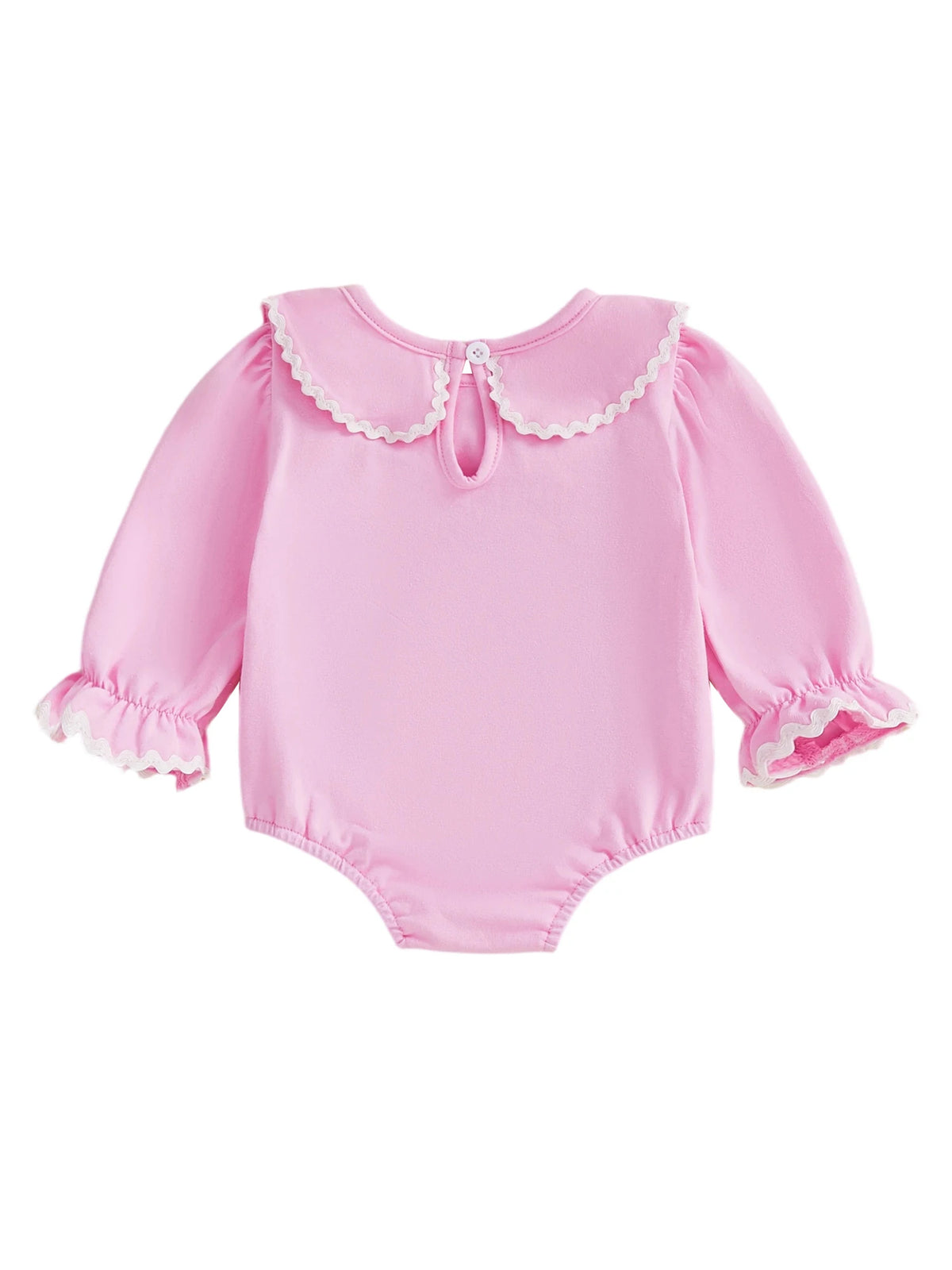 Pink embroidered baby bubble romper made of soft cotton with long sleeves and ruffled collar