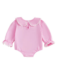 Pink embroidered baby bubble romper made of soft cotton with long sleeves and ruffled collar