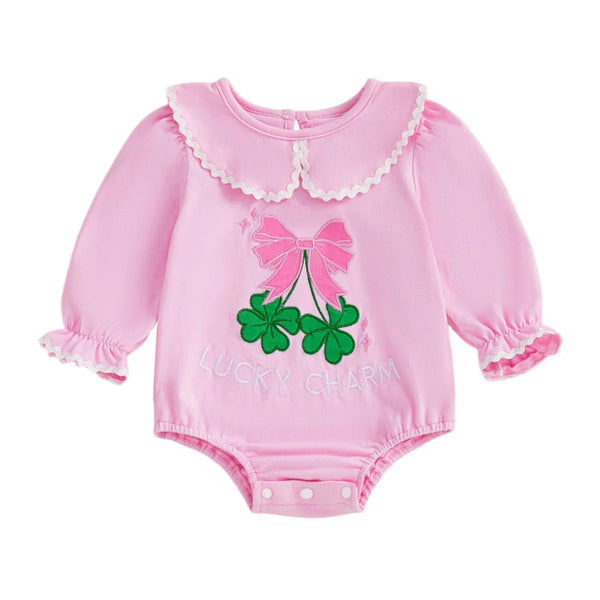 Pink embroidered baby bubble romper made of soft cotton with long sleeves and scalloped collar