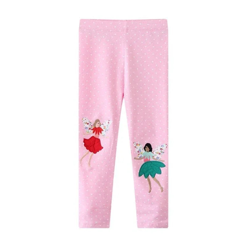 Pink fairy leggings for kids with white polka dots and colorful fairy appliques for toddlers