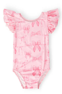 pink flutter sleeve baby leotard with bow patterns for infants