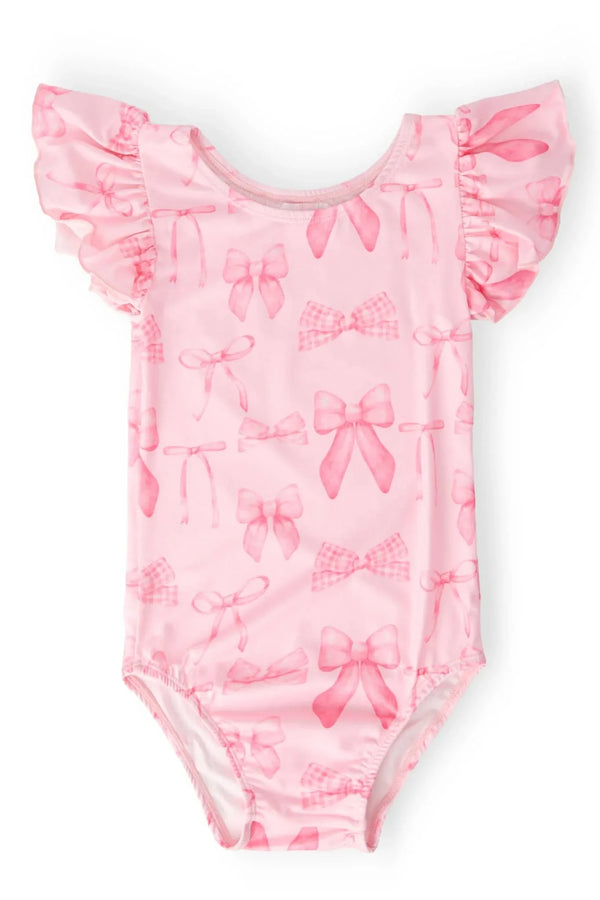 pink flutter sleeve baby leotard with bow patterns for infants