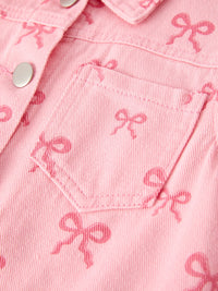 Pink girls butterfly denim jacket with long sleeves and bow print detail for toddlers