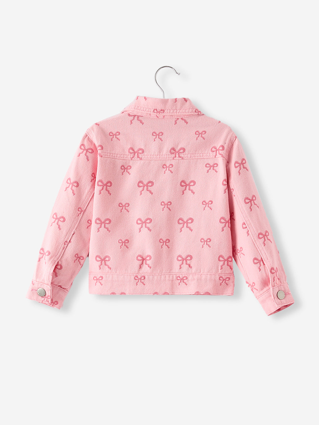 pink girls butterfly denim jacket by Rylee Faith Designs with all-over bow print, toddler size