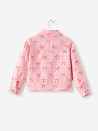 pink girls butterfly denim jacket by Rylee Faith Designs with all-over bow print, toddler size