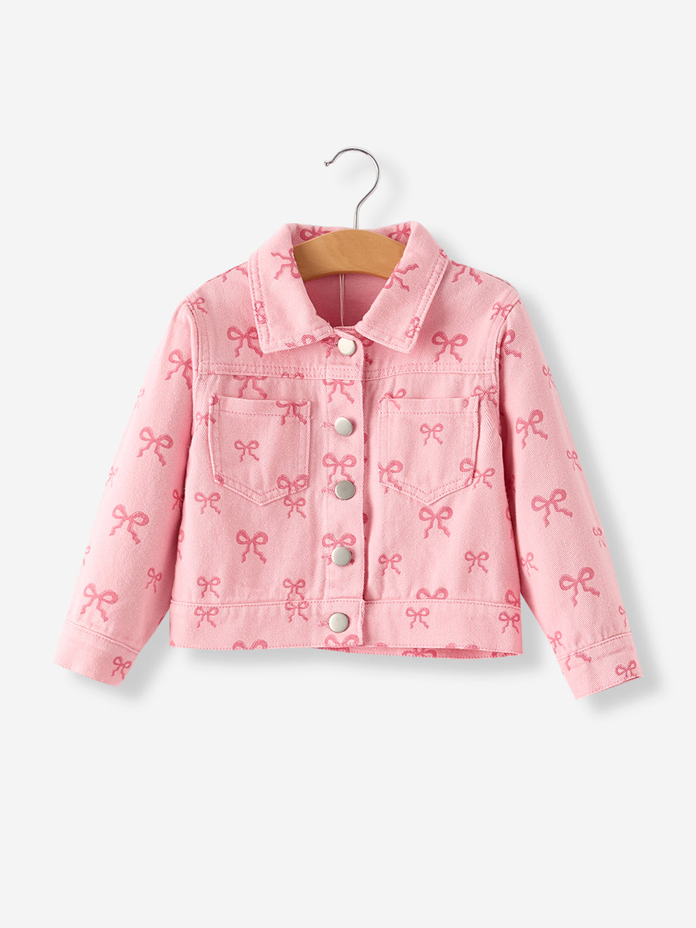 Pink girls butterfly denim jacket by Rylee Faith Designs in toddler size with button front