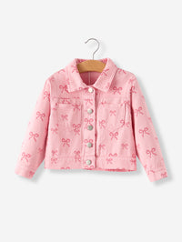 Pink girls butterfly denim jacket by Rylee Faith Designs in toddler size with button front